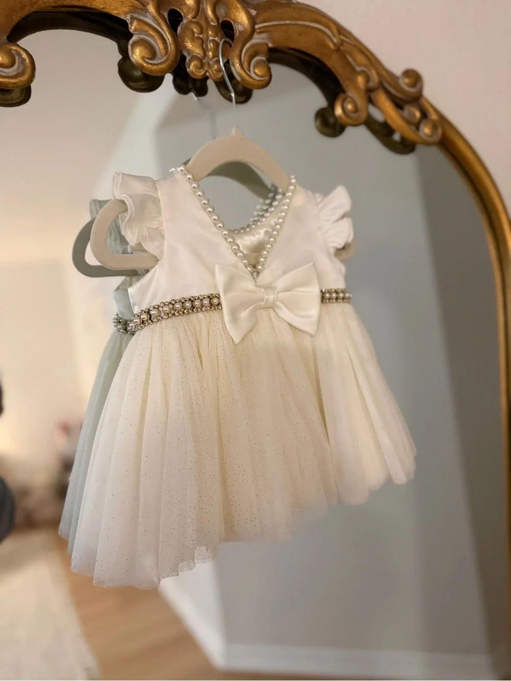 Pearl-Trim Ivory Tulle Baby Dress
